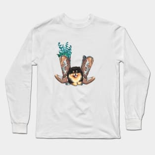 Cute Pomeranian Puppy and Cowboy boots Watercolor Art Long Sleeve T-Shirt